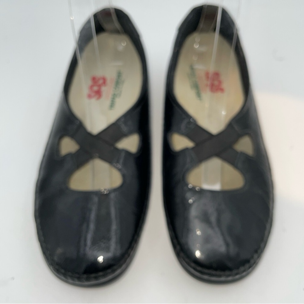 SAS Black Patent Leather Cross-Strap Wedge Comfort Flats Size 8M - Picture 2 of 12